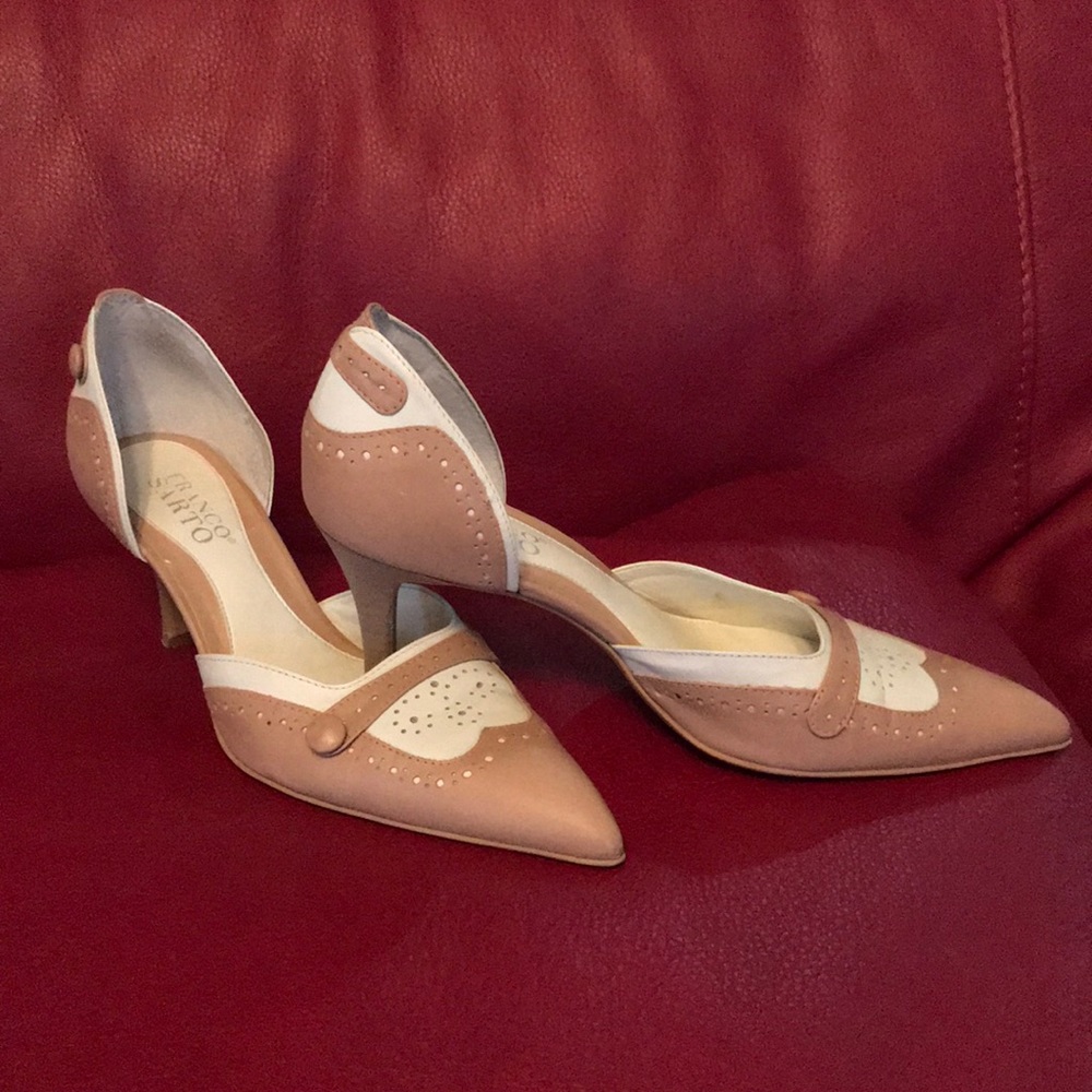 Franco Sarto beige and white pumps